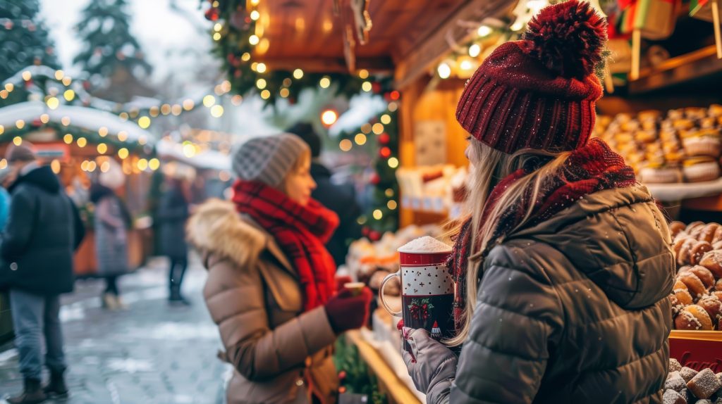 Joyful Winter Shoppers Enjoying Hot Cocoa and Treats at Festive Outdoor Christmas Market